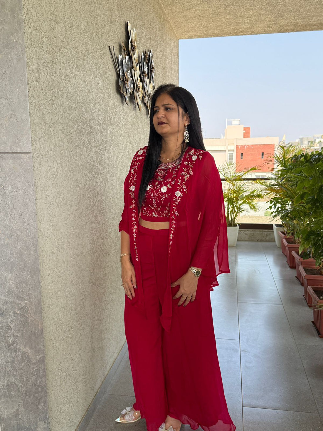 Red Indo Western 3 Piece Set for Women | Hand Work Crop Top, Divider & Shrug | Party Wear Designer