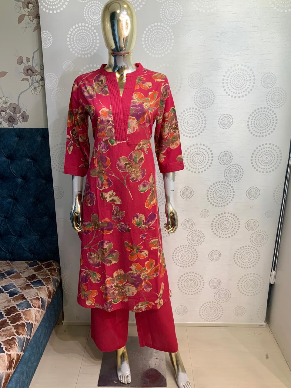 Rani Pink Pure Cotton A-Line Kurti Pant Set | Floral Printed 2 Piece Ethnic Set for Women |