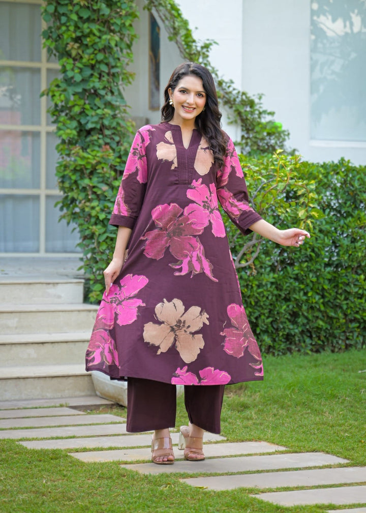 Brown Floral Pure Cotton A-Line Kurti Pant Set for Women | Designer 2 Piece Ethnic Wear