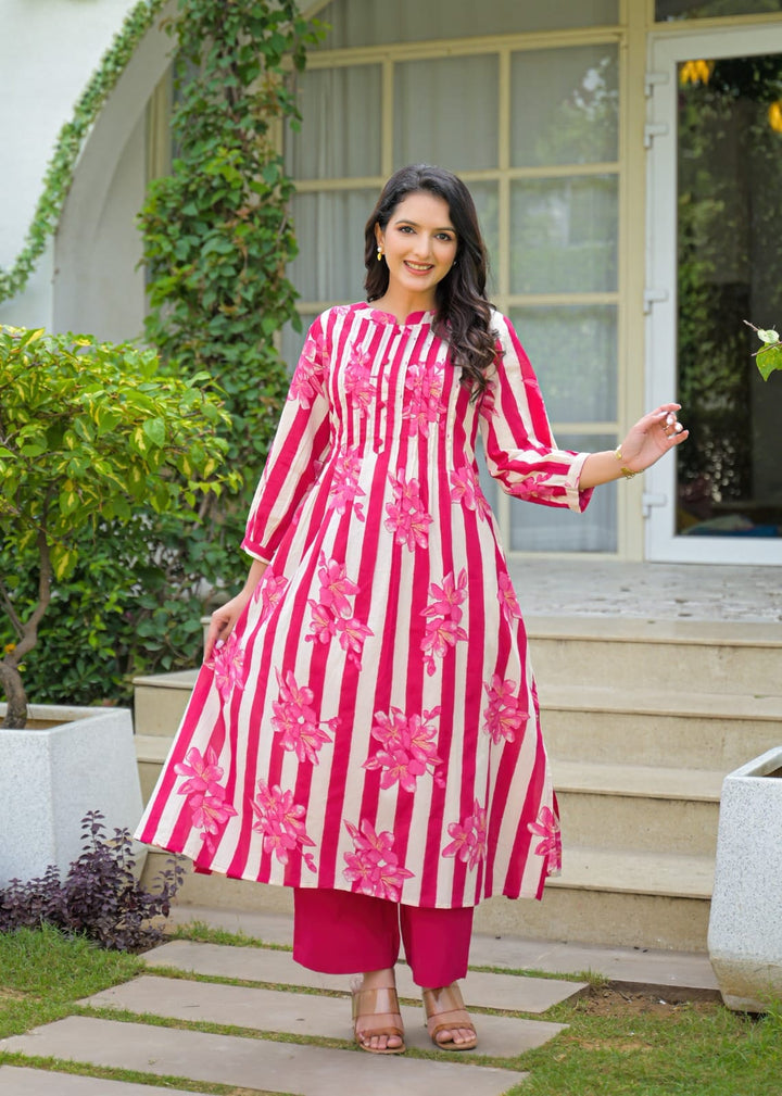 Pink Floral Striped Pure Cotton A-Line Kurti Pant Set for Women | Designer 2 Piece Ethnic Wear | Daily, Office & Festive Wear