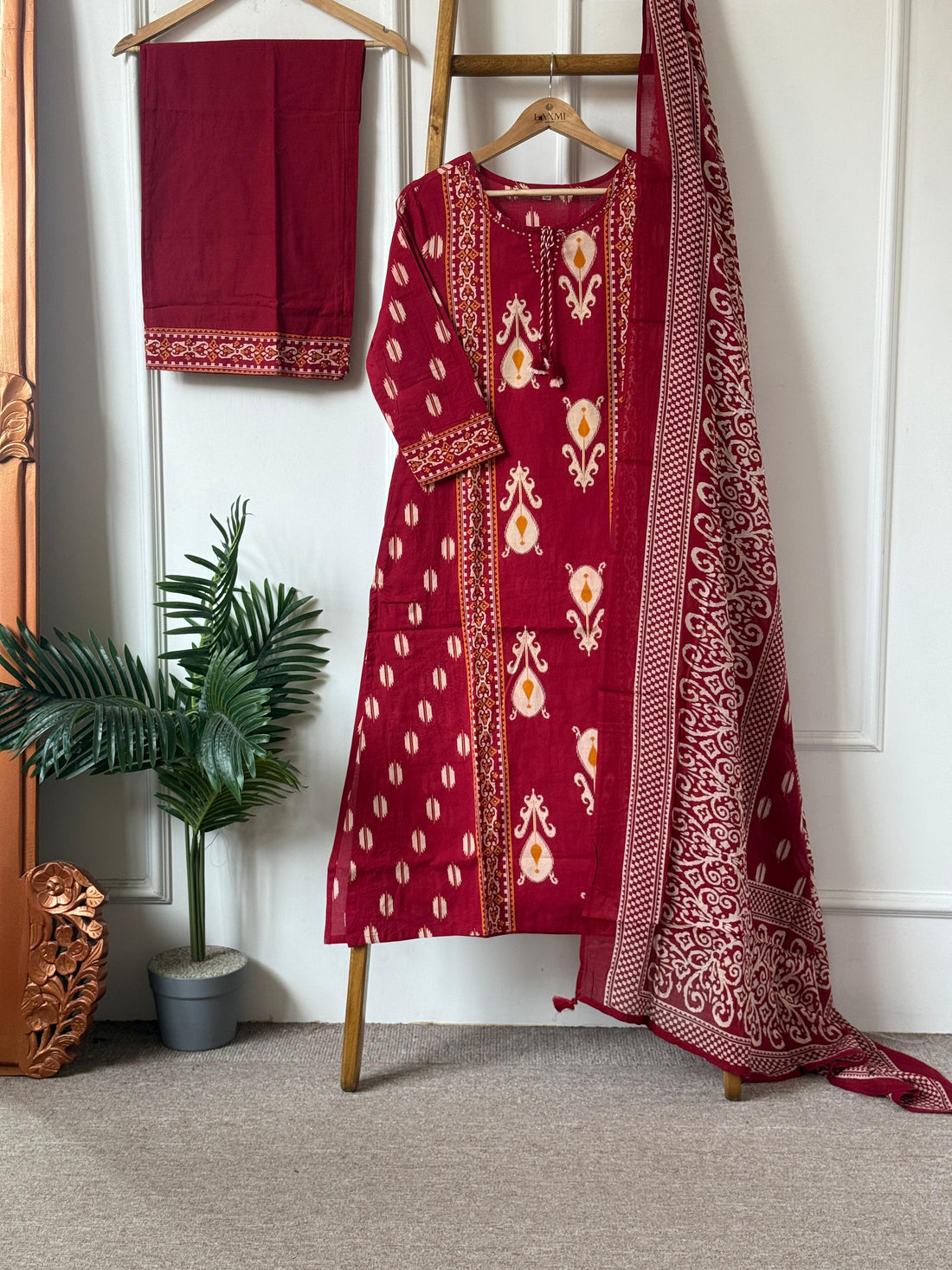 Maroon Pure Cotton 3 Piece Suit Set with Dupatta | Traditional Printed Kurti Pant Set for Women