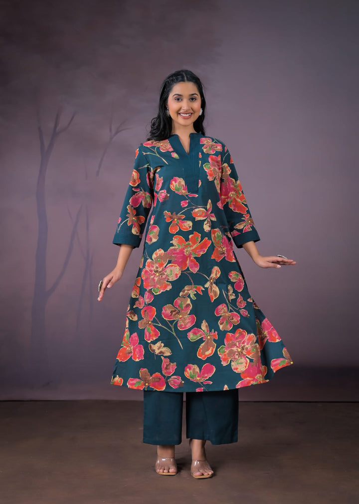 Women’s Pure Cotton A-Line Kurti Pant Set – Floral Printed 2 Piece Ethnic Wear for Daily & Office Wear