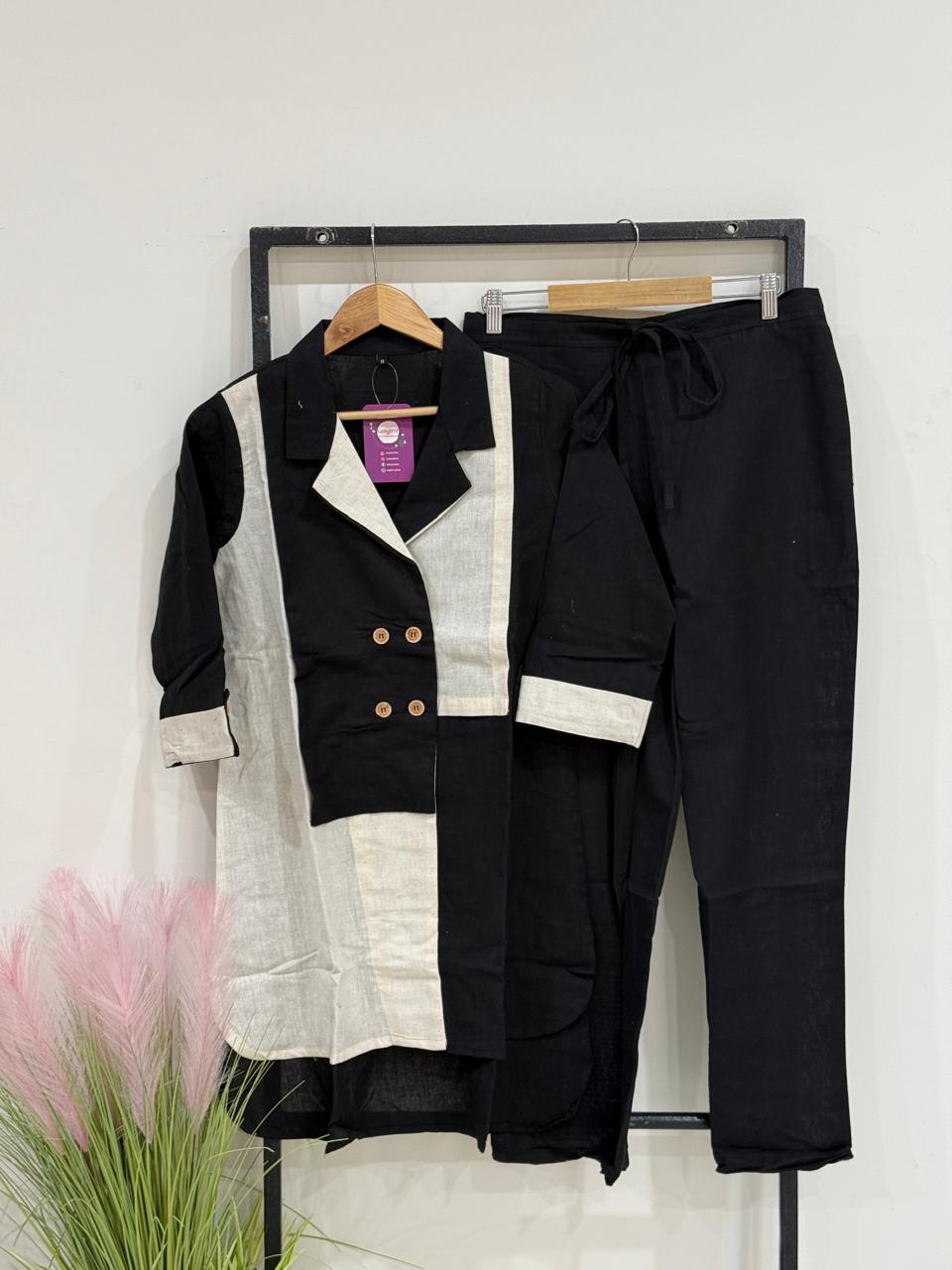 Black & Beige Cotton 3 Piece Co-Ord Set | Designer Blazer Style Top with Pant & Inner | Office & Party Wear