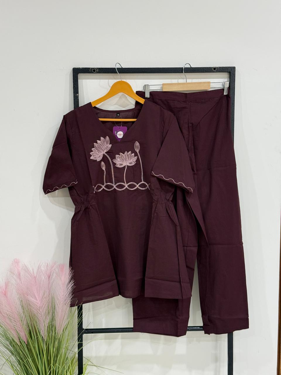 Maroon Cotton 2 Piece Co-Ord Set with Embroidered Top | Designer Kurti, Pant  Festive & Party Wear