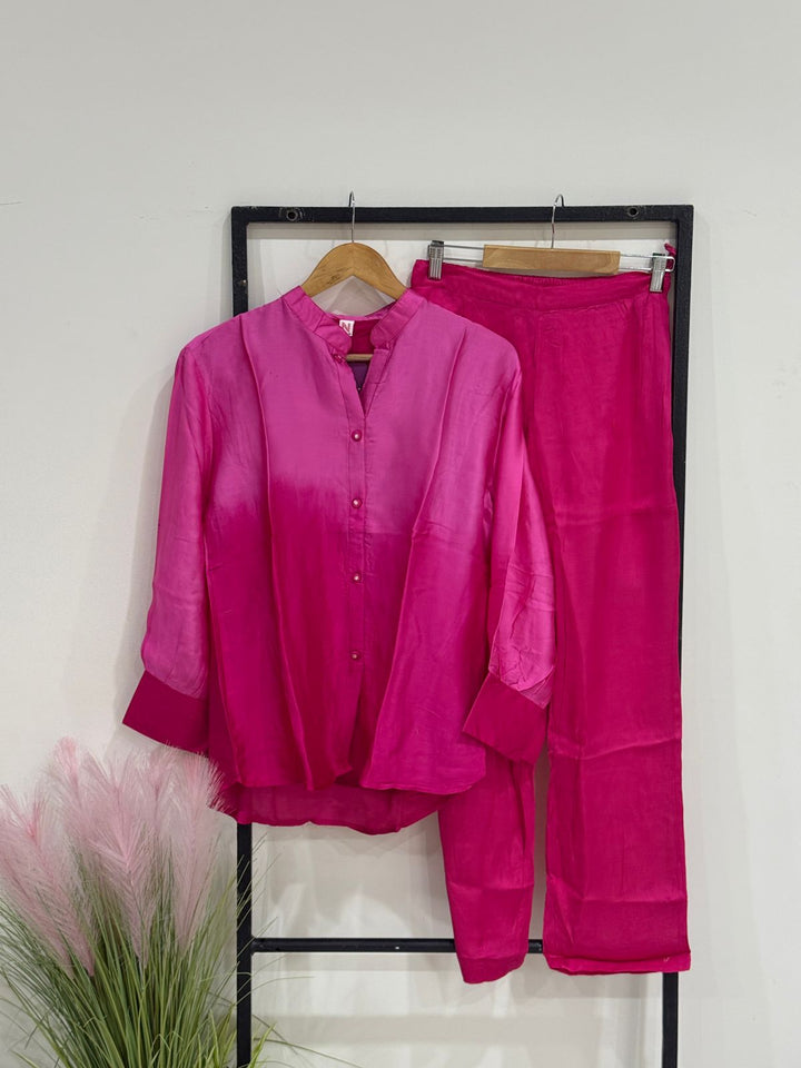 Hot Pink Satin Co-Ord Set – Silk Shirt & Straight Pants Lounge Set