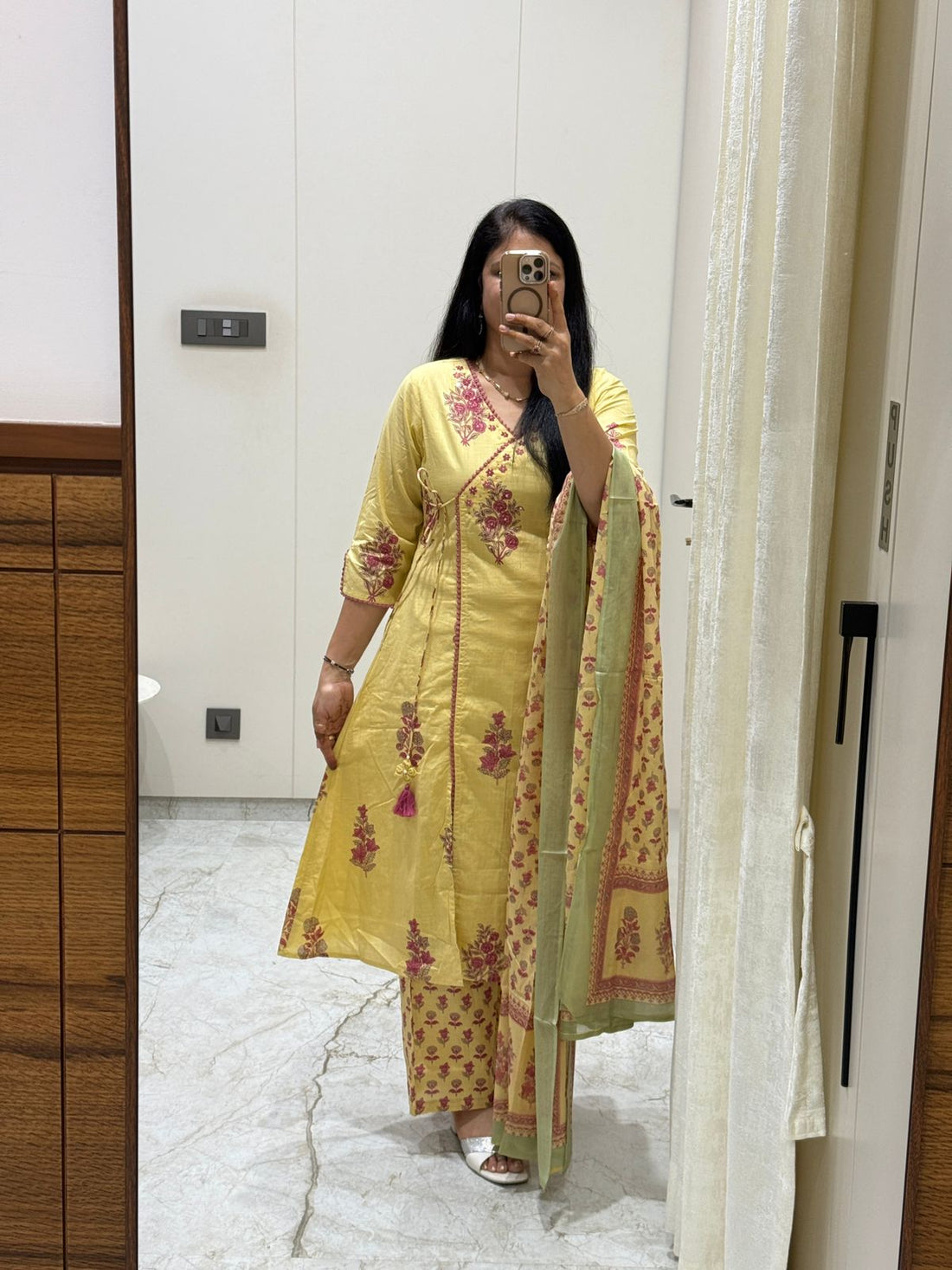 Mustard Yellow Floral Kurta Set with Dupatta – Ethnic A-Line Kurta Palazzo Suit