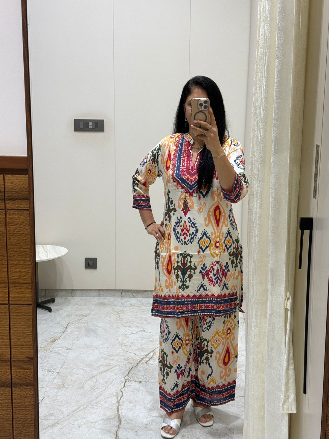 Premium Pure Muslin Ikat Print Kurta Palazzo Set – Cream Multicolor Ethnic Co-Ord Set with 3/4 Sleeves