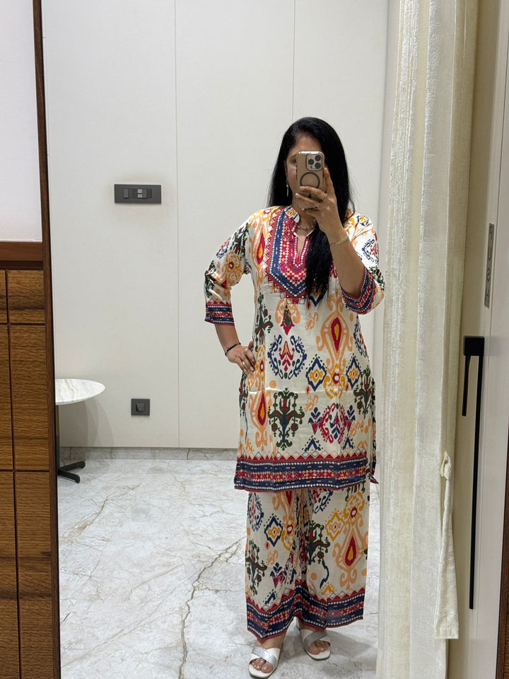 Premium Pure Muslin Ikat Print Kurta Palazzo Set – Cream Multicolor Ethnic Co-Ord Set with 3/4 Sleeves