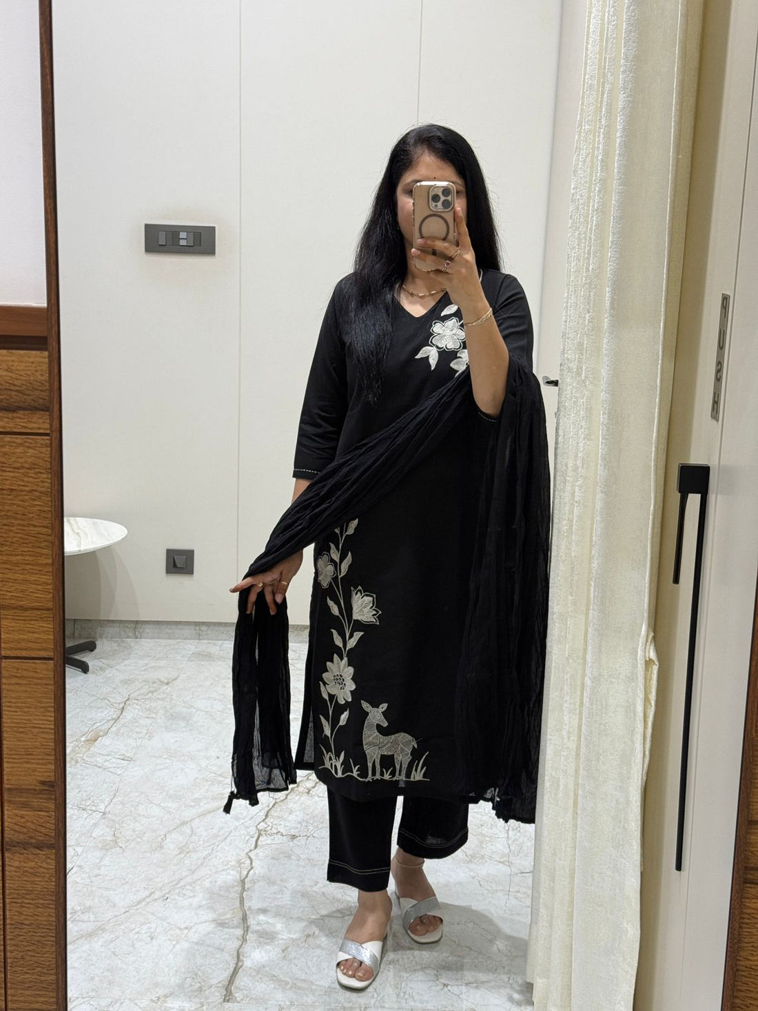 Black 3 Piece Kurti Pant Set with Dupatta | Floral Printed Ethnic Suit | Party & Festive Wear