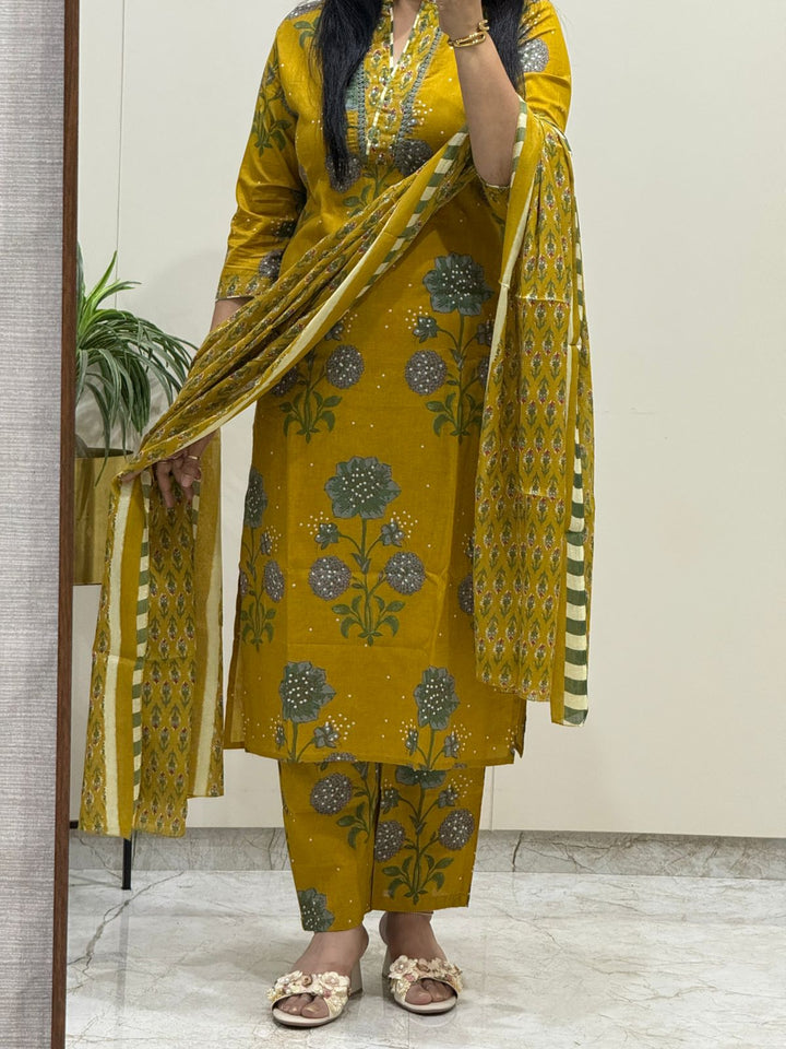 Mustard Yellow Pure Cotton 3 Piece Kurta Pant Dupatta Set – Floral Printed Ethnic Suit