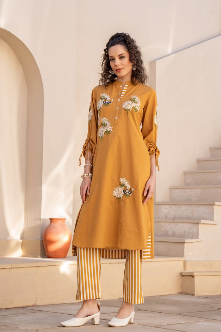 Mustard Embroidered Pure Mul Cotton Kurta Pant Set with Lining – Elegant Ethnic Wear