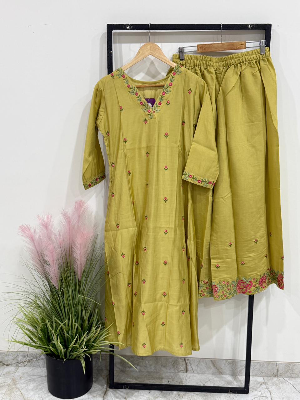 Olive Green Roman Silk Kurti Palazzo Set with Embroidery – Elegant Ethnic Wear