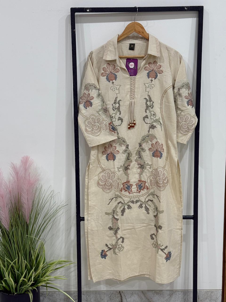 Beige Flex Cotton 3 Piece Kurta Palazzo Dupatta Set with Embroidery – Elegant Ethnic Wear