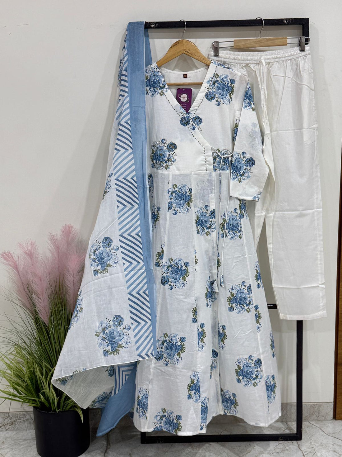 White & Blue Floral Pure Cotton Angrakha Style Anarkali Suit Set – 3 Piece Ethnic Wear