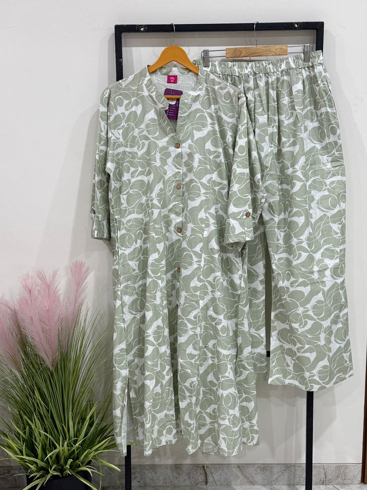 Plus Size Sage Green Pure Cotton Kurta Palazzo Set – Stylish 2 Piece Ethnic Wear