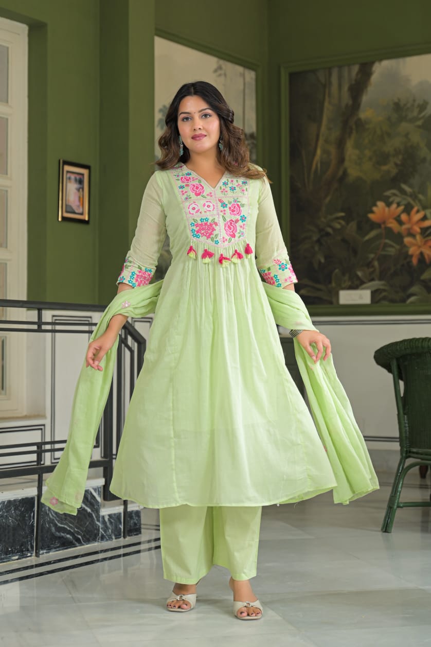 Mul Cotton 3 Piece Dupatta Set | Embroidered A LINE  Kurti Pant Set | 38-44 Sizes | Ethnic Wear
