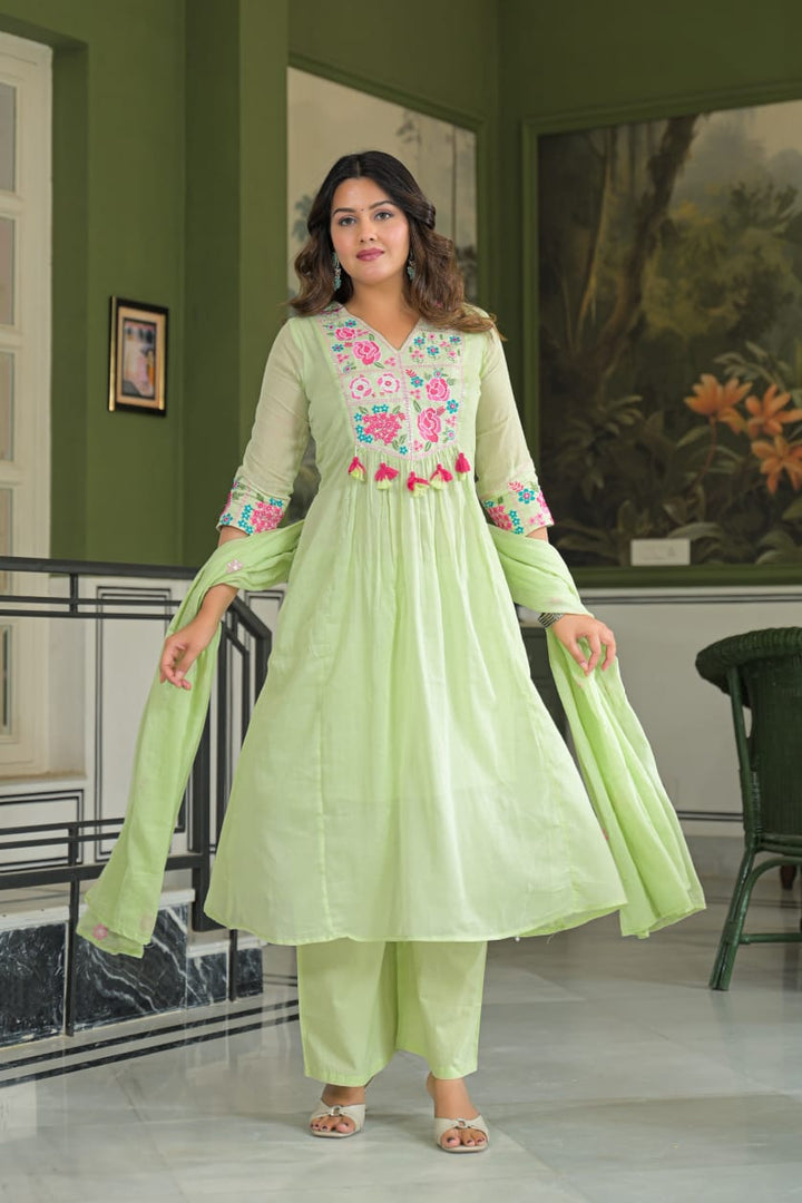 Mul Cotton 3 Piece Dupatta Set | Embroidered A LINE  Kurti Pant Set | 38-44 Sizes | Ethnic Wear