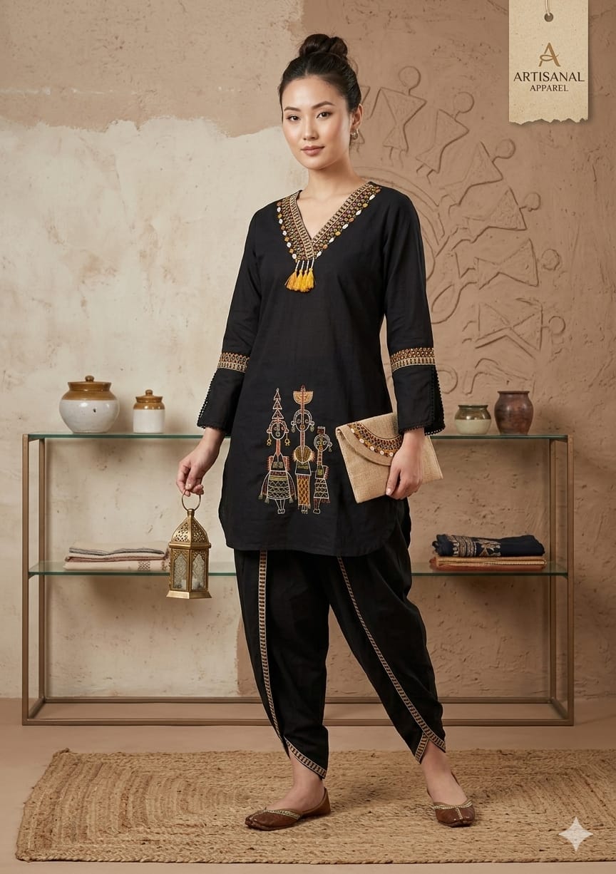 Black Cotton Top with Dhoti Set | Ethnic Fusion Wear | Embroidered Kurti Dhoti Set | Sizes 38-44