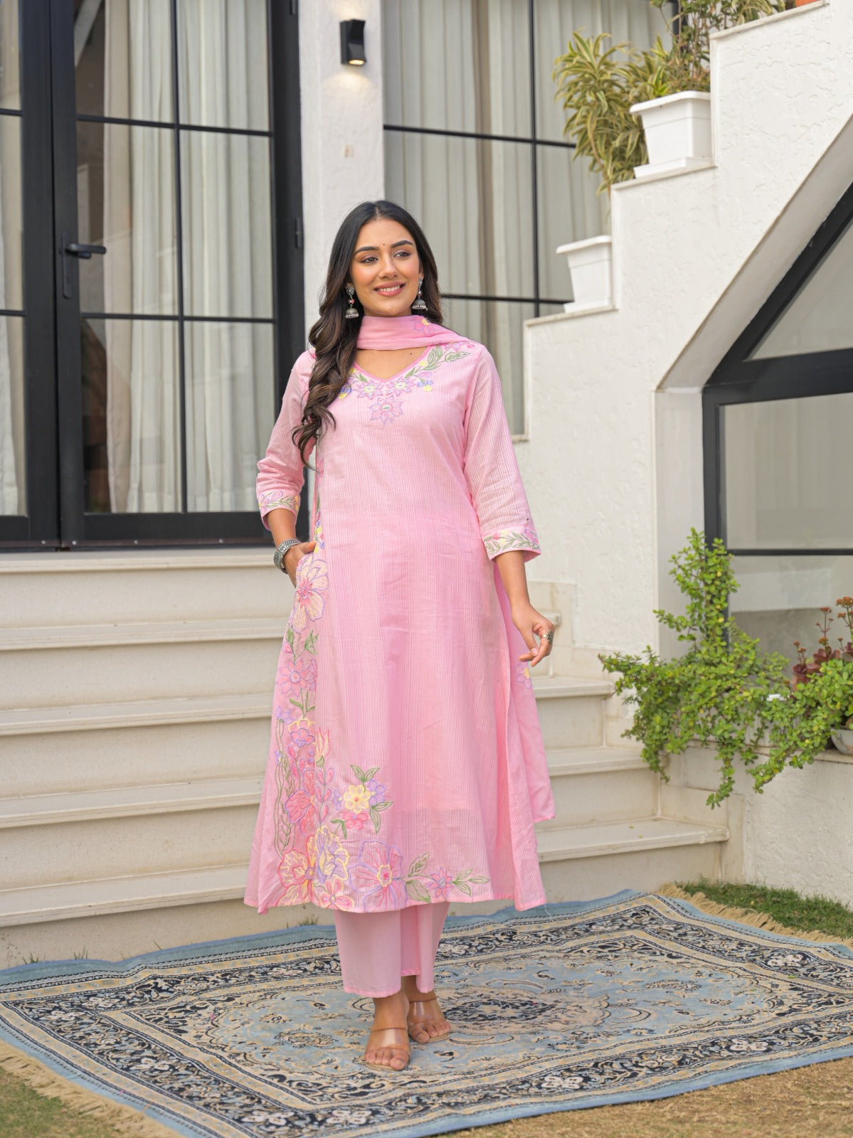 Pure Mul Cotton A-Line Kurta Set with Dupatta | Embroidered 3 Piece Suit