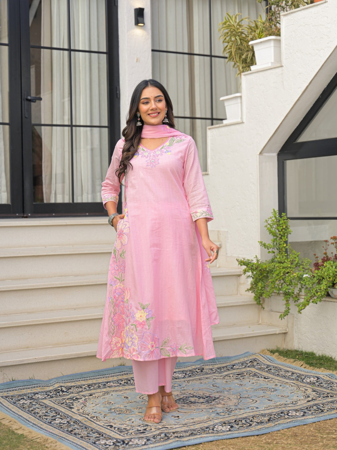 Pure Mul Cotton A-Line Kurta Set with Dupatta | Embroidered 3 Piece Suit