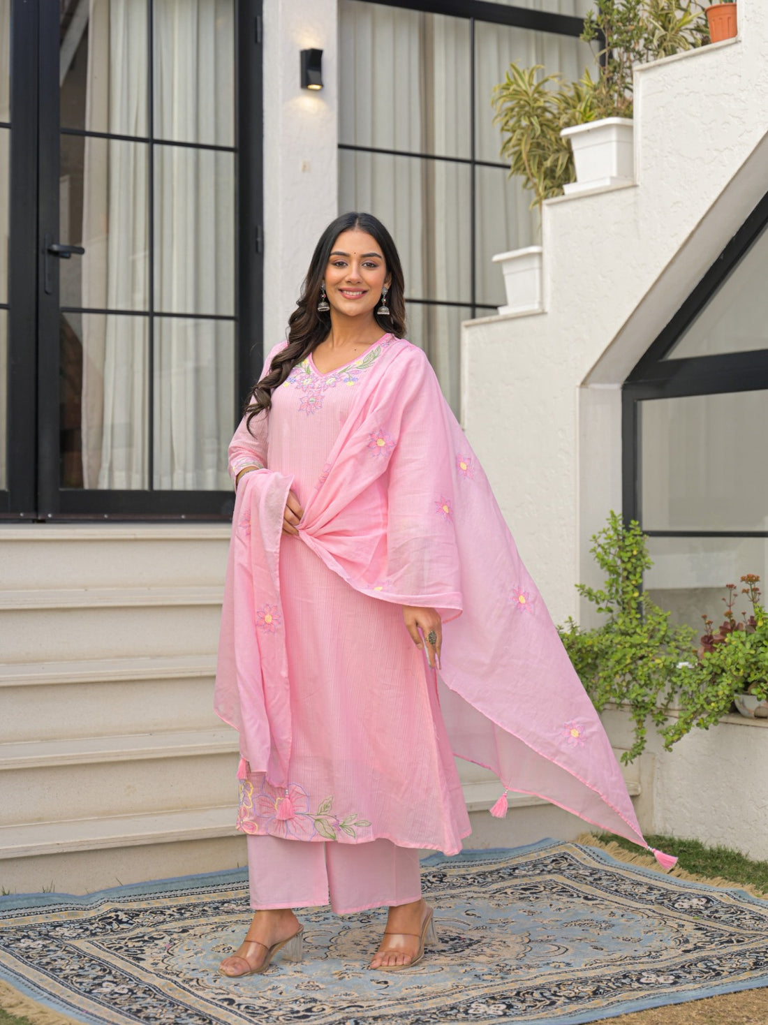 Pure Mul Cotton A-Line Kurta Set with Dupatta | Embroidered 3 Piece Suit