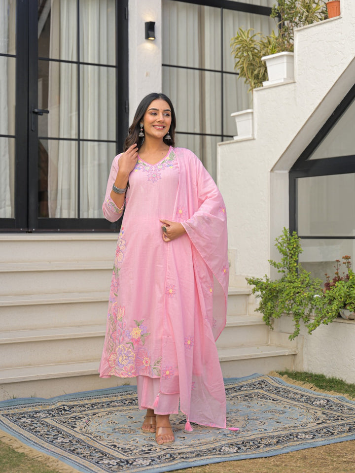 Pure Mul Cotton A-Line Kurta Set with Dupatta | Embroidered 3 Piece Suit