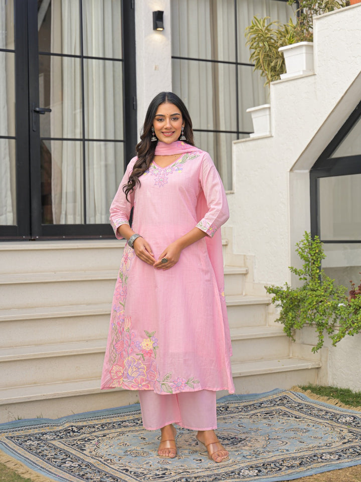 Pure Mul Cotton A-Line Kurta Set with Dupatta | Embroidered 3 Piece Suit