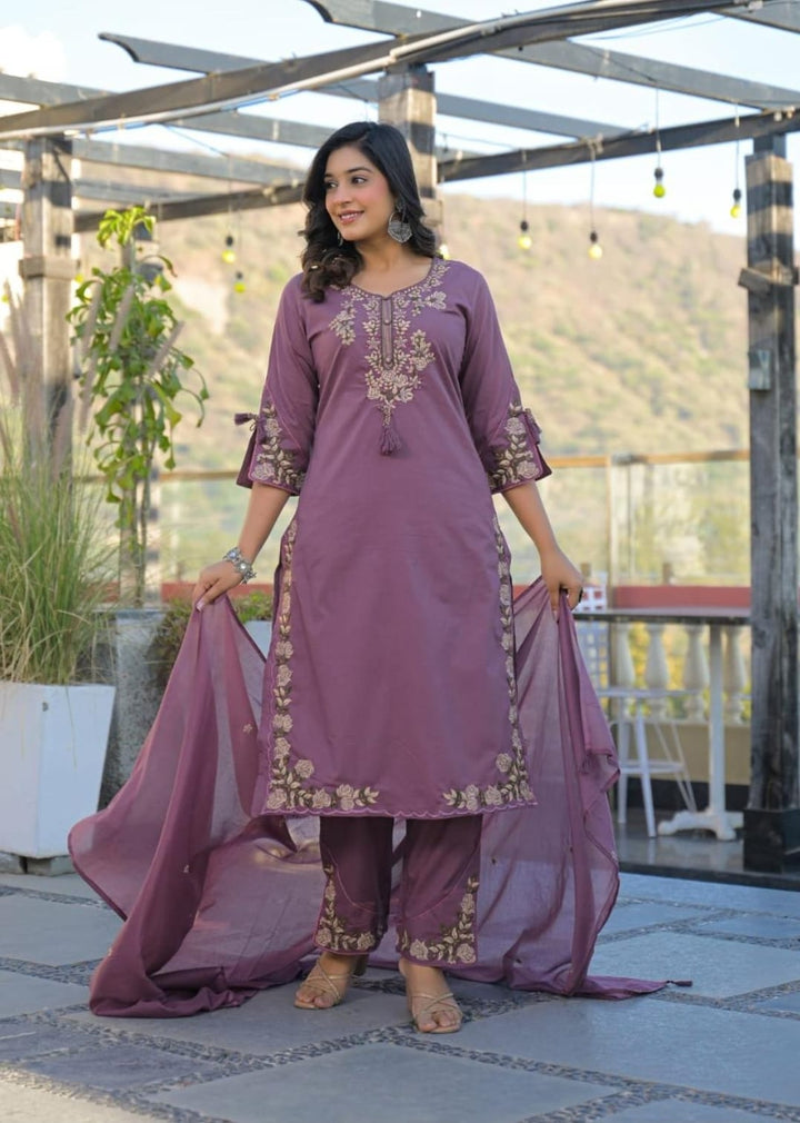 Pure Cotton Embroidered Kurta Set with Dupatta | 3 Piece Ethnic Suit (Mauve)