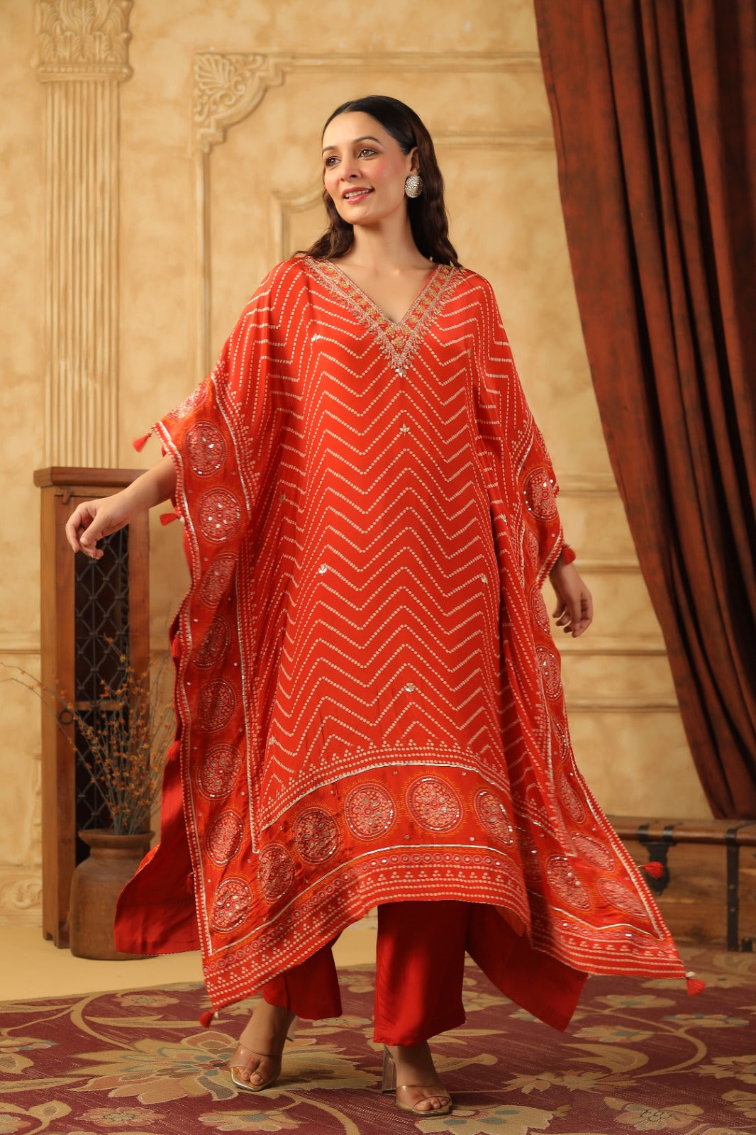 Pure Crepe Kaftan Set | Designer Red Kaftan Kurta with Pants | Festive Wear