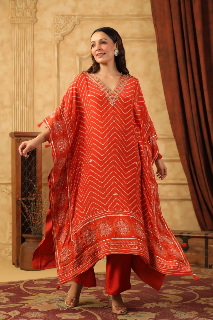 Pure Crepe Kaftan Set | Designer Red Kaftan Kurta with Pants | Festive Wear