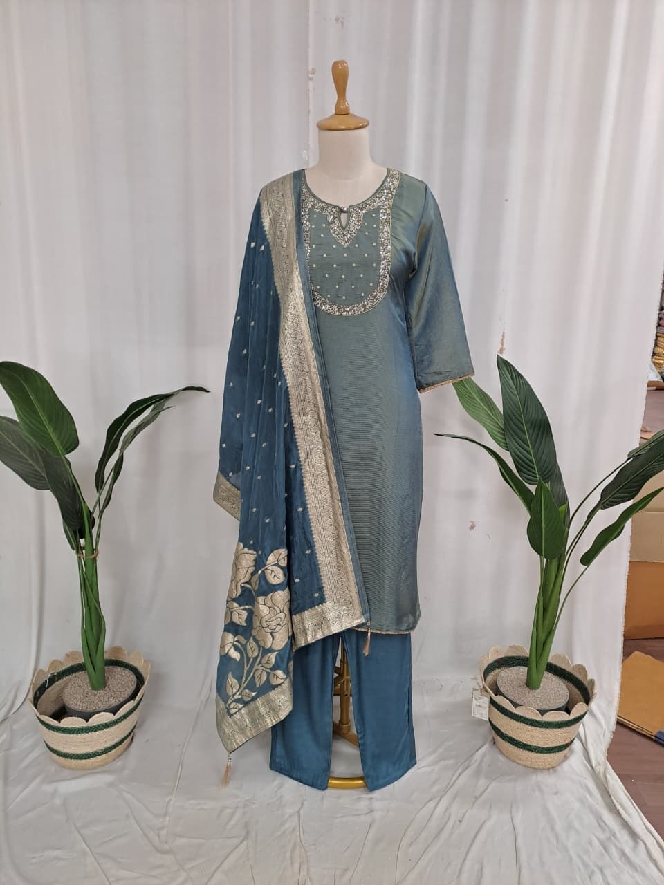 Straight Fit Tissue Kurta Set with Banarasi Dupatta | Heavy Neckline Ethnic Suit