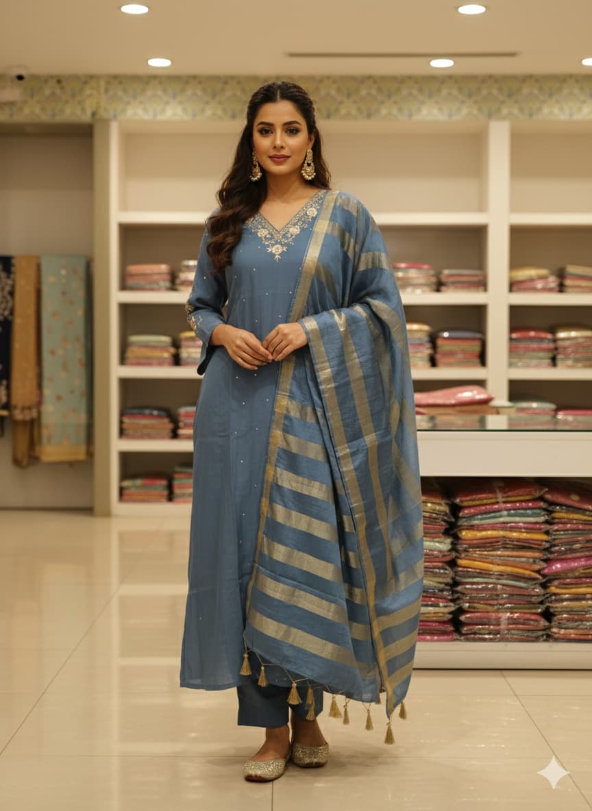 Surat Mul Chanderi Kurta Set with Zardozi Hand Work & Silk Striped Dupatta (38–44)