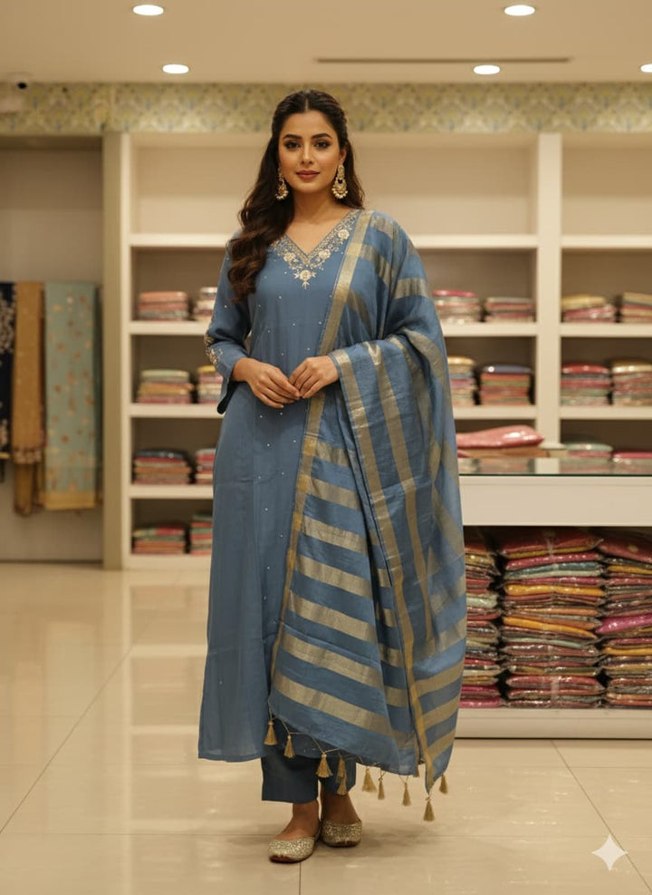 Surat Mul Chanderi Kurta Set with Zardozi Hand Work & Silk Striped Dupatta (38–44)