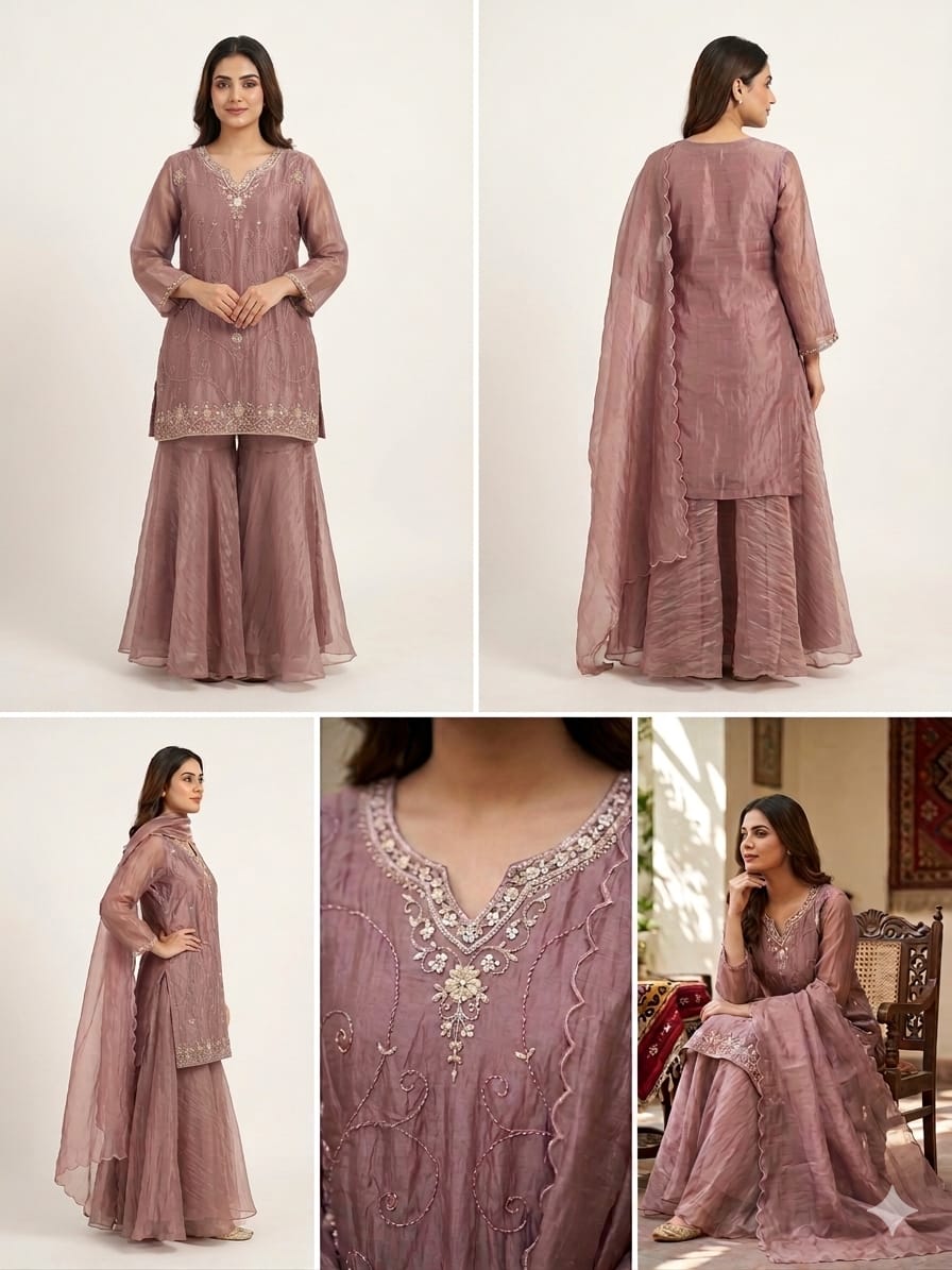 Pure Glass Tissue Short Kurti Set with Divider Pants & Dupatta | Designer Ethnic Party Wear