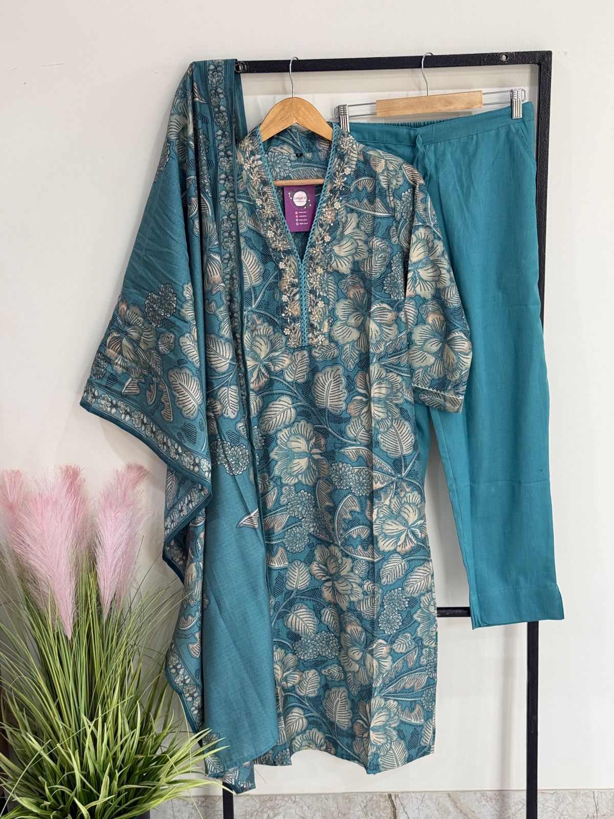 Pure Muslin Kurta Set with Dupatta | Handwork Neckline 3 Piece Ethnic Suit