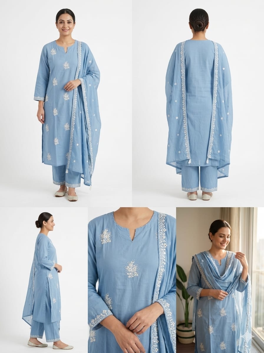 Elegant Blue Embroidered Kurta Set with Dupatta | 3 Piece Ethnic Suit