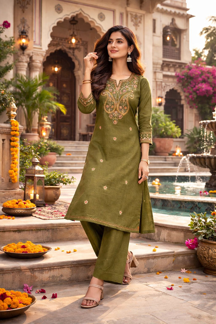 Flex Cotton Kurti Plazo Set – Elegant Embroidered Ethnic Co-Ord Set