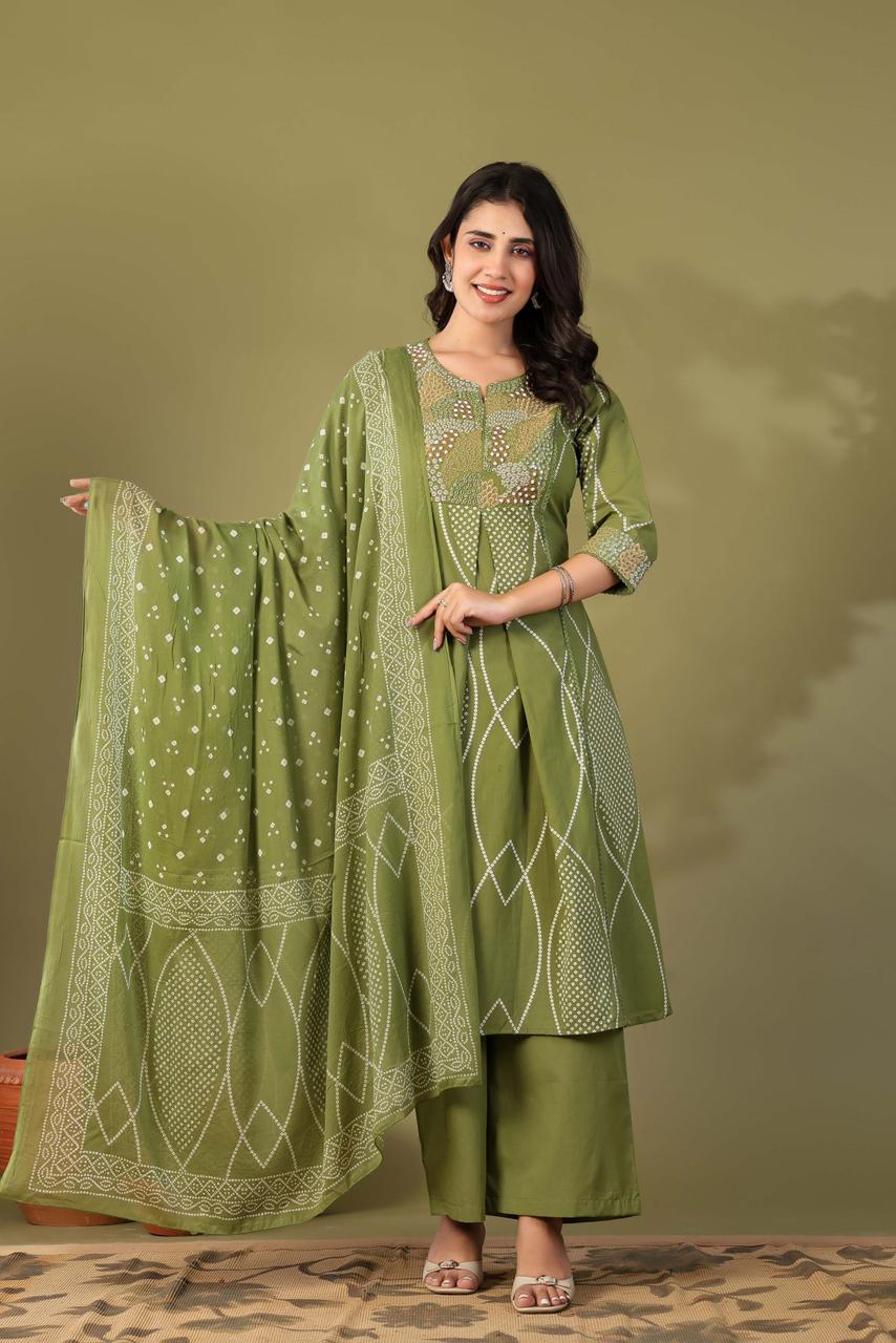 Pure Cotton 3 Piece Kurta Palazzo Set with Dupatta | Ethnic Printed Suit Set (Size 38–46)