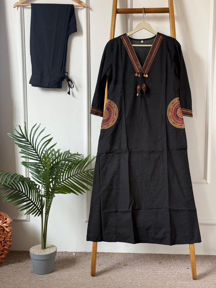 Black Pure Cotton Kurti Palazzo Set with Embroidery – Comfortable 2PC Ethnic Set