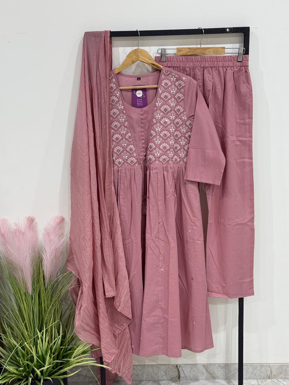 Blush Pink Pure Cotton Embroidered Kurti Set with Dupatta