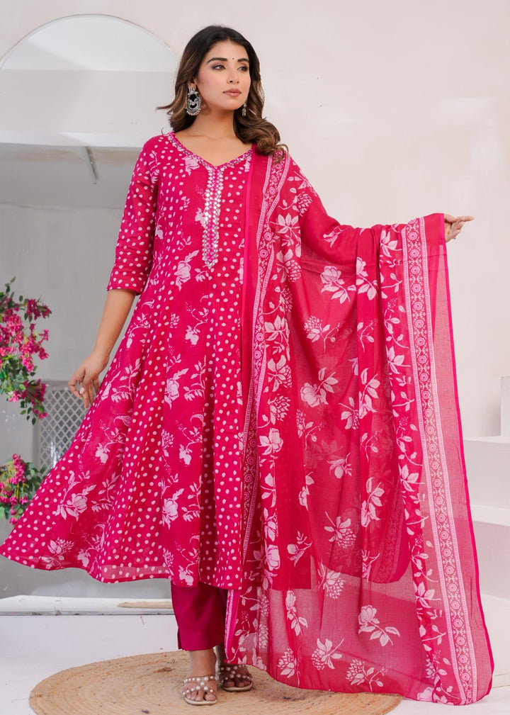 Elegant Pink Mul Cotton A-Line Suit Set with Dupatta