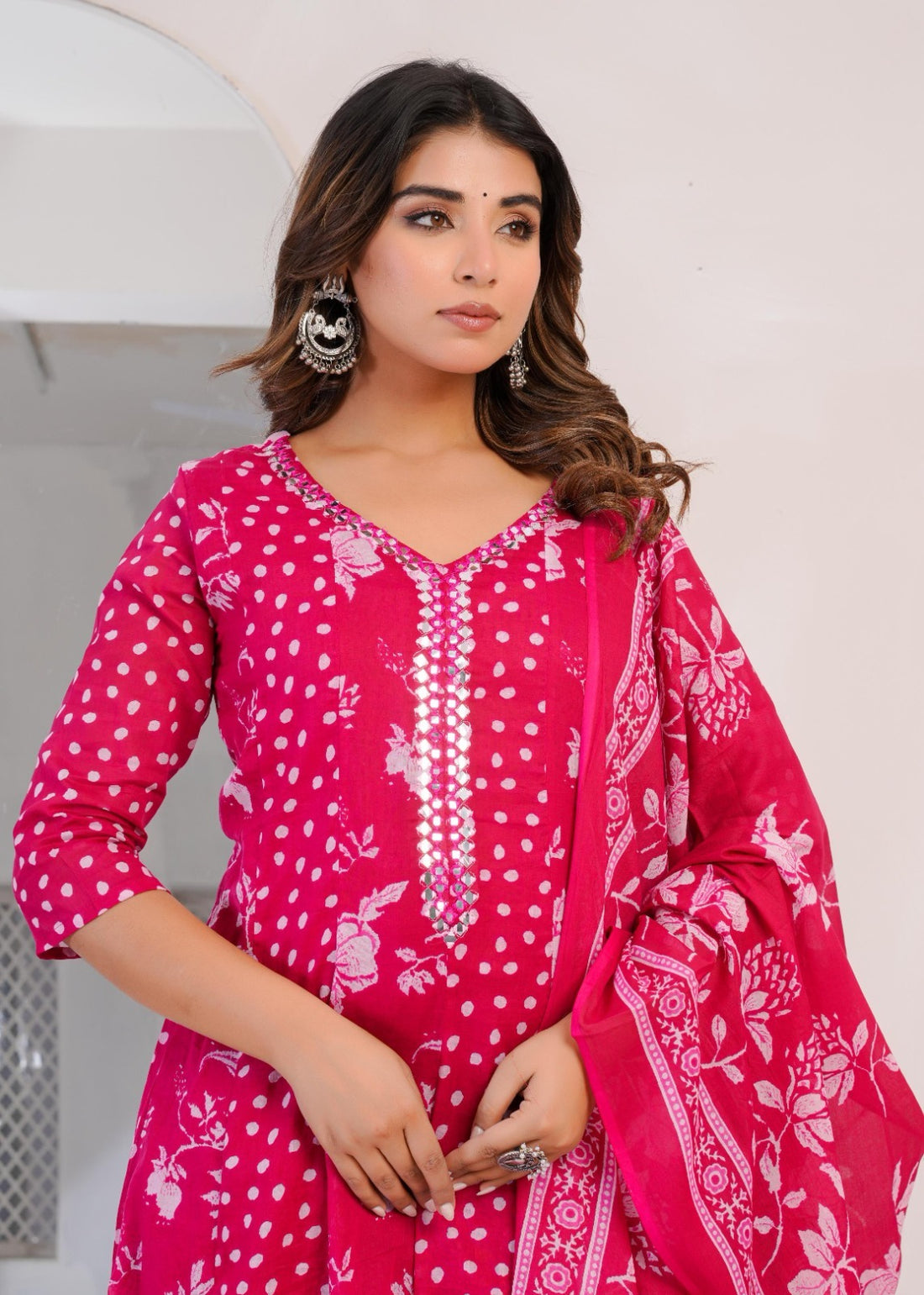 Elegant Pink Mul Cotton A-Line Suit Set with Dupatta