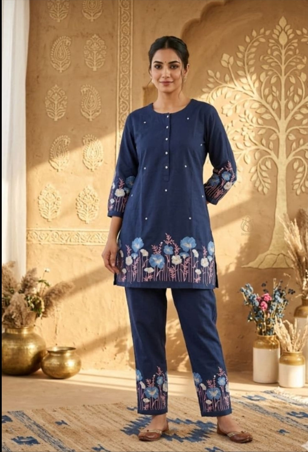 Pure Cotton Blue Floral Printed Cord Set  (Top & Pant Co-ord Set)