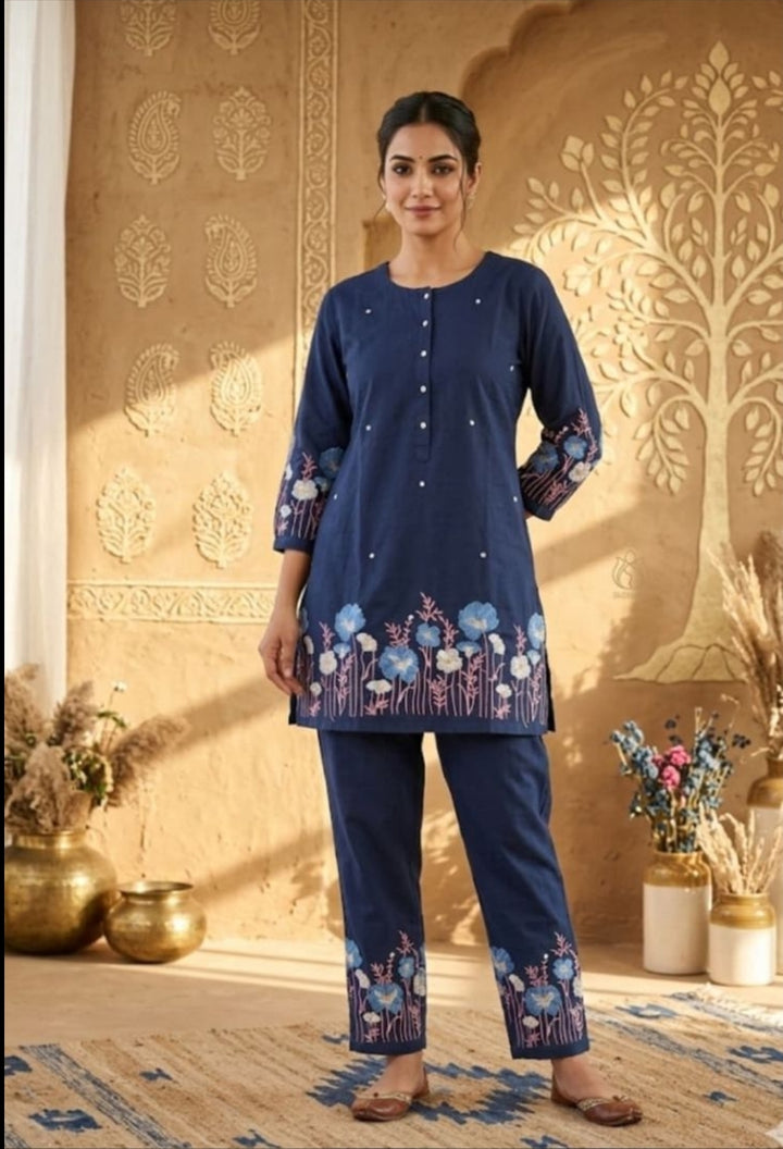 Pure Cotton Blue Floral Printed Cord Set  (Top & Pant Co-ord Set)