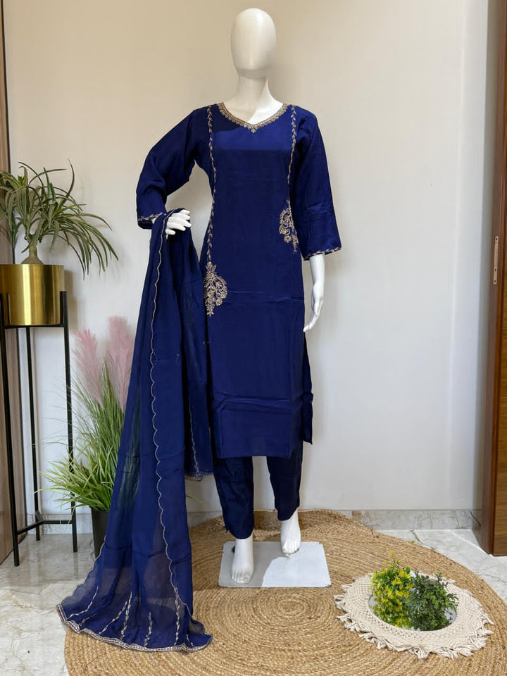 Royal Blue Pure Dola Silk Suit Set with Hand Work & Dupatta