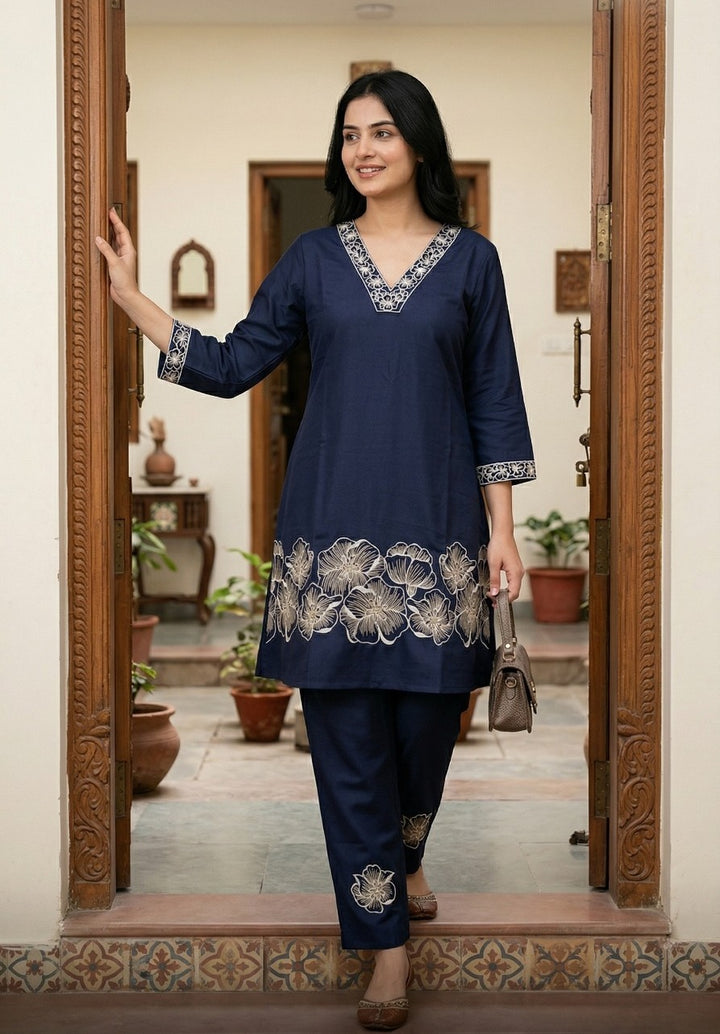 Navy Blue Muslin Co-Ord Set with Butter Crepe Lining & Floral Embroidery
