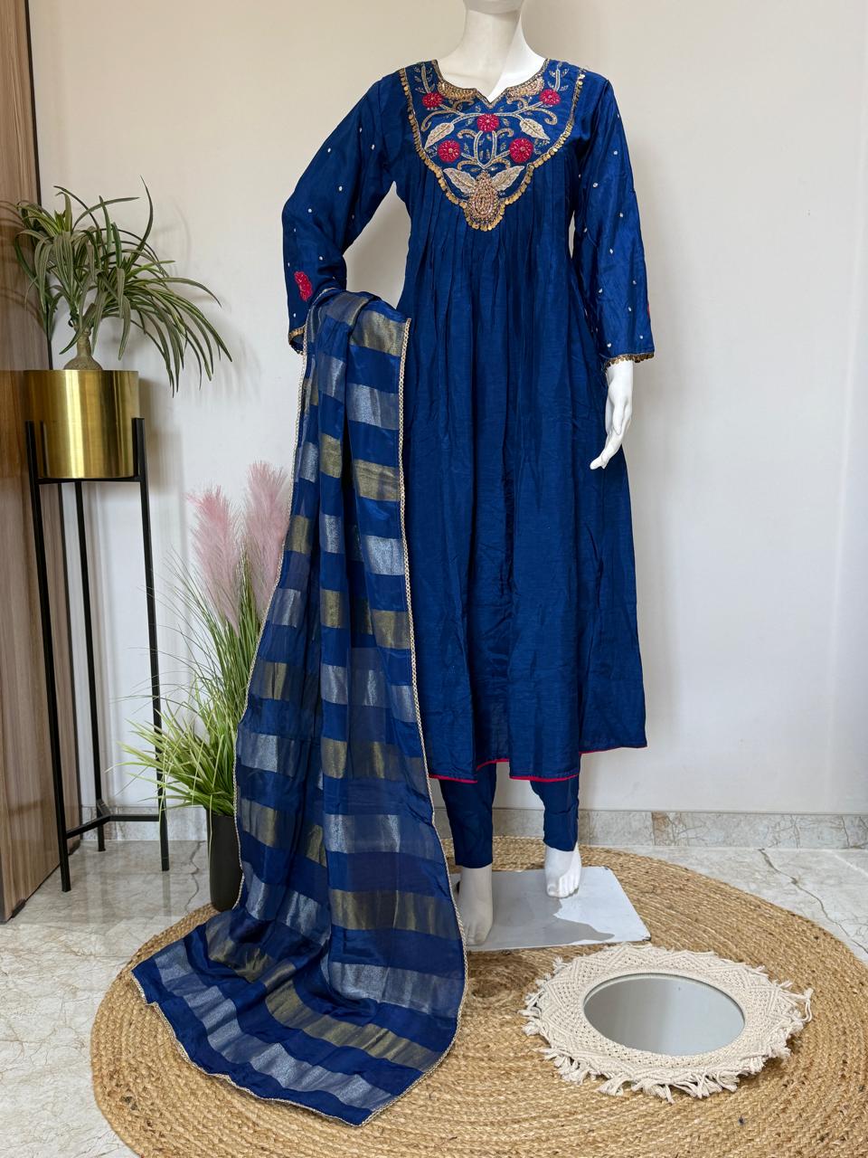 Pure Rashion Silk Blue Hand Work Detailing Suit Set With Dupatta