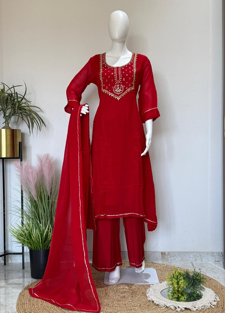 Red Pure Crepe Silk Kurti Plazo Set with Organza Dupatta & Hand Gota Patti Work