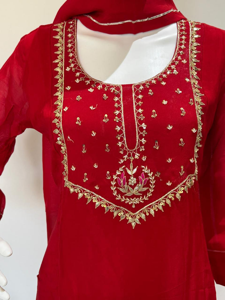Red Pure Crepe Silk Kurti Plazo Set with Organza Dupatta & Hand Gota Patti Work