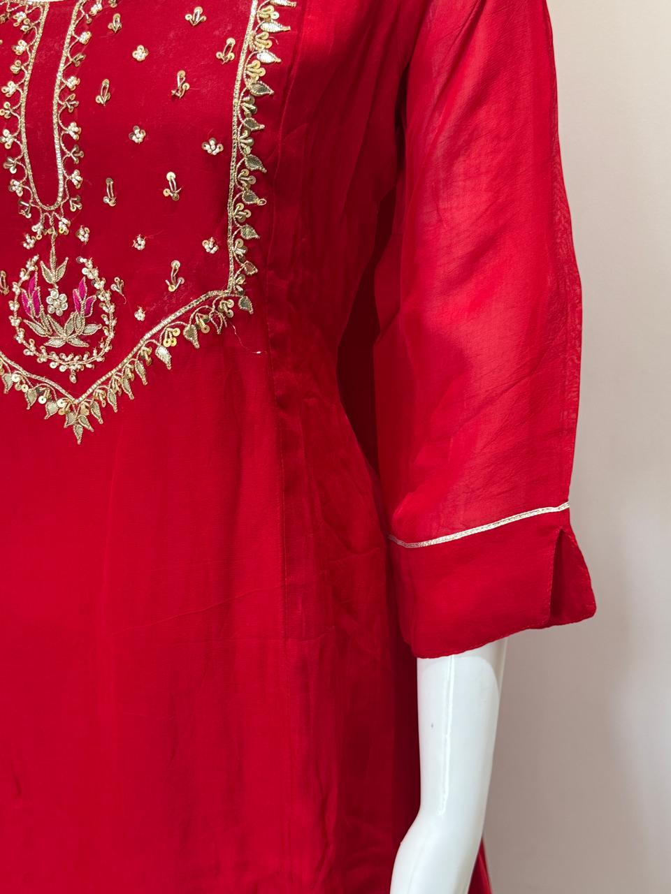 Red Pure Crepe Silk Kurti Plazo Set with Organza Dupatta & Hand Gota Patti Work